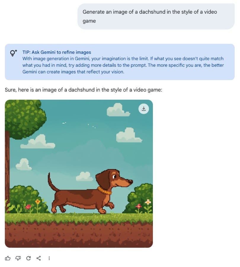 Gemini image generation featuring a pixel art dachshund walking in a video game environment.